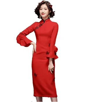 

Women Spring Fashion Flare Sleeve Stand Collar Retro Chinese-style Improved Cheongsam Dress Female Elegant Red Qipao Party Dress