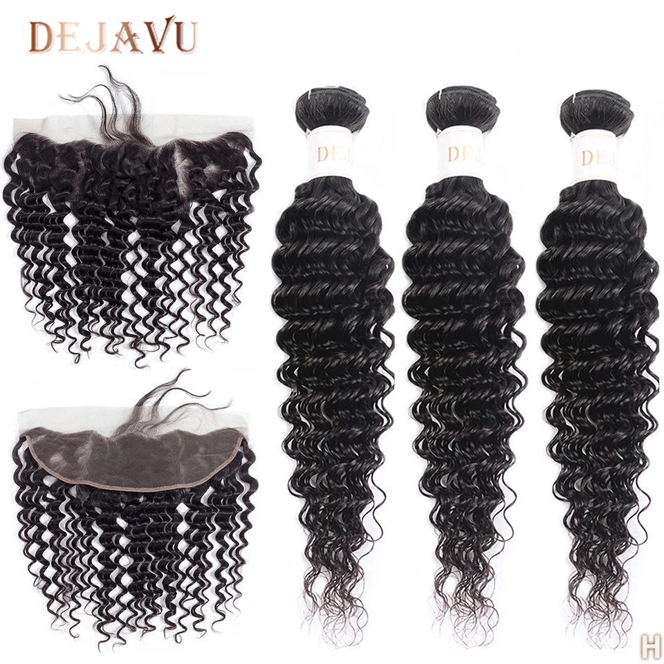 

13x4 Frontal With Bundles Brazilian Deep Wave Bundles With Frontal Human Hair 3 Bundles With Lace Closure Non-Remy Hair Dejavu