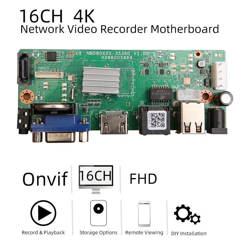 Videograbadora de red NVR, 16/32 canales, H.265, 8.0MP, NVR, salida VGA/HDMI, placa NVR, compatible con Onvif, monitoreo móvil