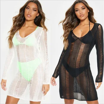 

Swim Suit Cover Up Beach Dress Woman Coverups For Women Bikinis Female 2020 Knitted Hollow Sexy Sun Proof Shirt Skirt Acetate