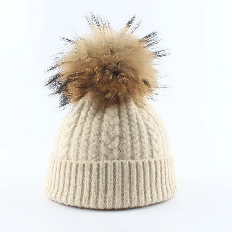 Зимние шапки для женщин Мытые мягкие теплые вязаные шапки женские модные спиральные шерстяные шапочки с помпоном из натурального меха