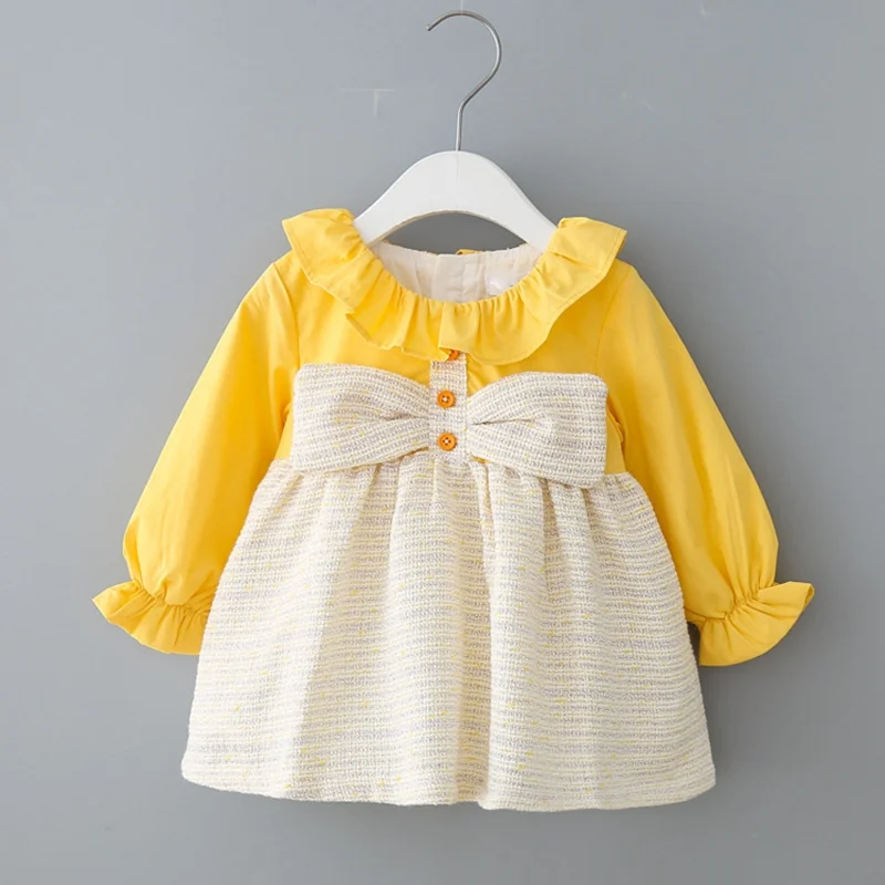 Г. Осеннее платье принцессы в Корейском стиле с бантом в стиле пэчворк Vestidos для новорожденных девочек, детские праздничные платья на день рождения S9566 - Цвет: Yellow