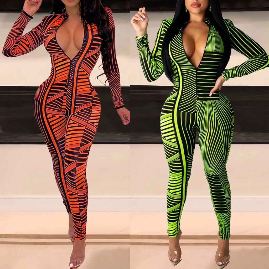 women romper Lady's Sexy Long Sleeve Bodycon Dark V Neck Zipper Printed Jumpsuits combinaison femme sexy#YF35
