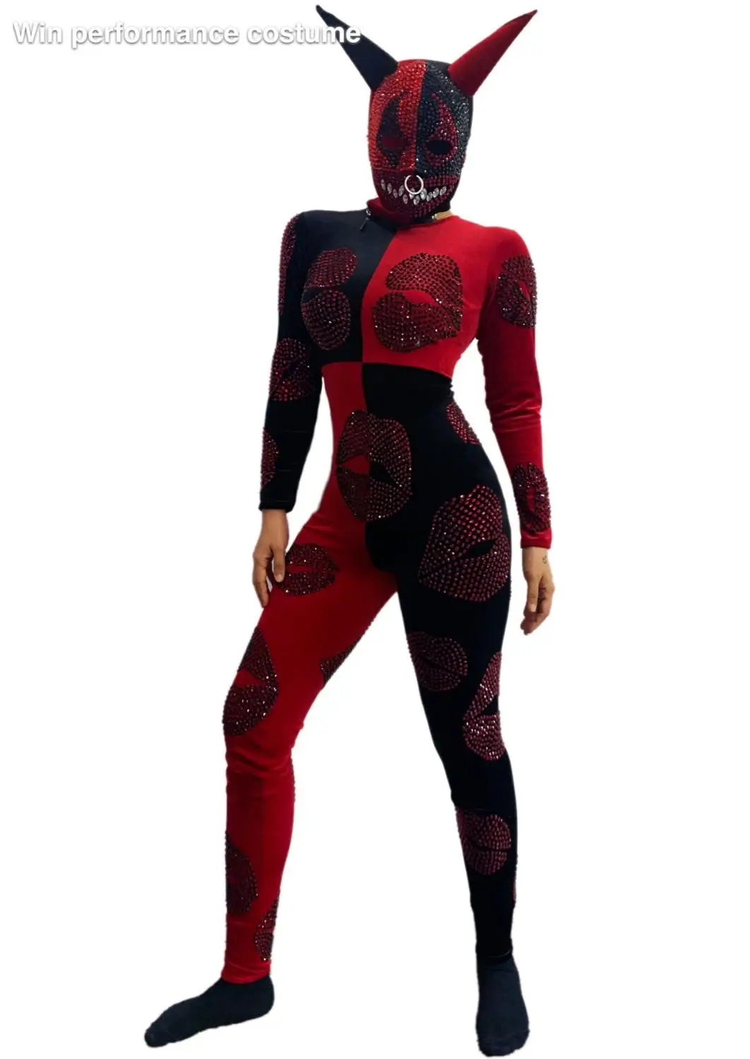 Halloween Outfit Bodysuit Singer Party Show Shining Wear Stage Rhinestone CostumeRed ghost head mask headgear Cosplay Adult Scar