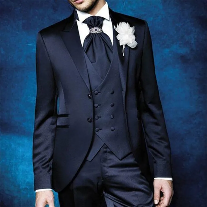 

2020 Navy Blue Formal Men Suit For Wedding 3 Pieces(Jacket+Pant+Vest+Tie) Latest Designs Slim Groom Blazer Custom Proom Men