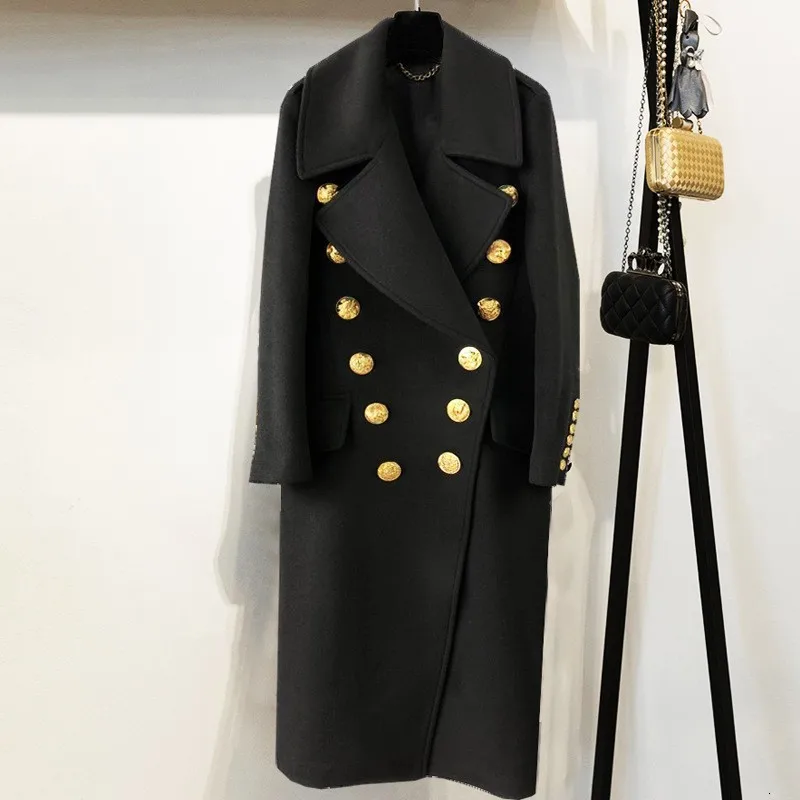 High Street, новинка, стильное дизайнерское Женское пальто, с животным узором, на пуговицах, двубортное, длинное, шерстяное, офисное, Женское пальто - Цвет: black