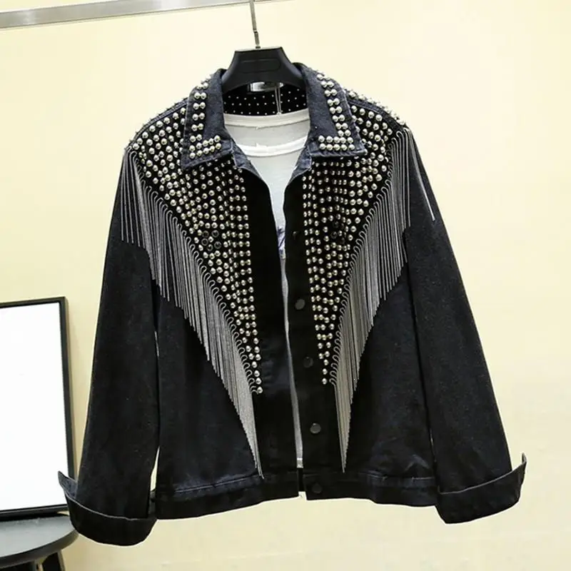 Autumn Streetwear Jeans Coat Solid Rivet Tassel Short Denim Jacket Women Loose Black Jacket Jacket
