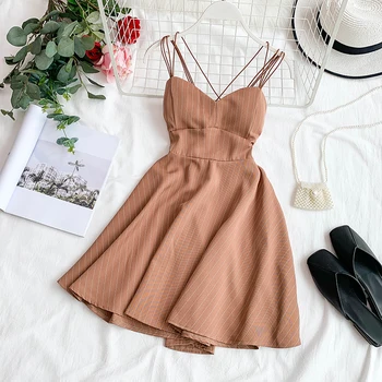 

Women Korean Striped A-Line Kawaii Dress Female Vintage Spaghetti Strap Party Dress Ladies Sleeveless Above Knee Cute Clothing