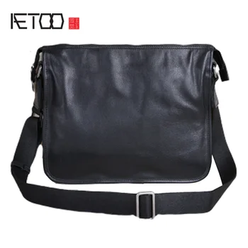 

AETOO Leather male bag, ultra-thin shoulder crossbody bag, European and American fashion cowhide simple Casual horizontal bag