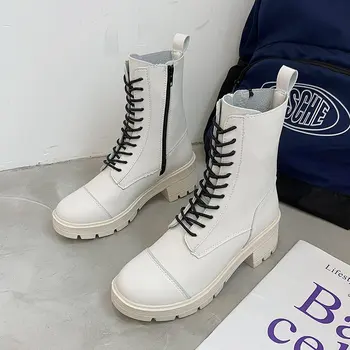 

Leather White Women Combat Boots Autumn High Platform Short Boots 2020 Fashion Shoes Women Elegant Zippper Ankle Boots