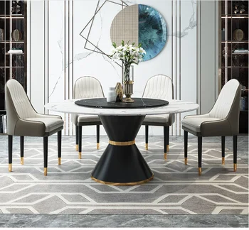 

Rock plate round dining table with turntable marble round dining table and chair combination post modern dining table for 8 peop