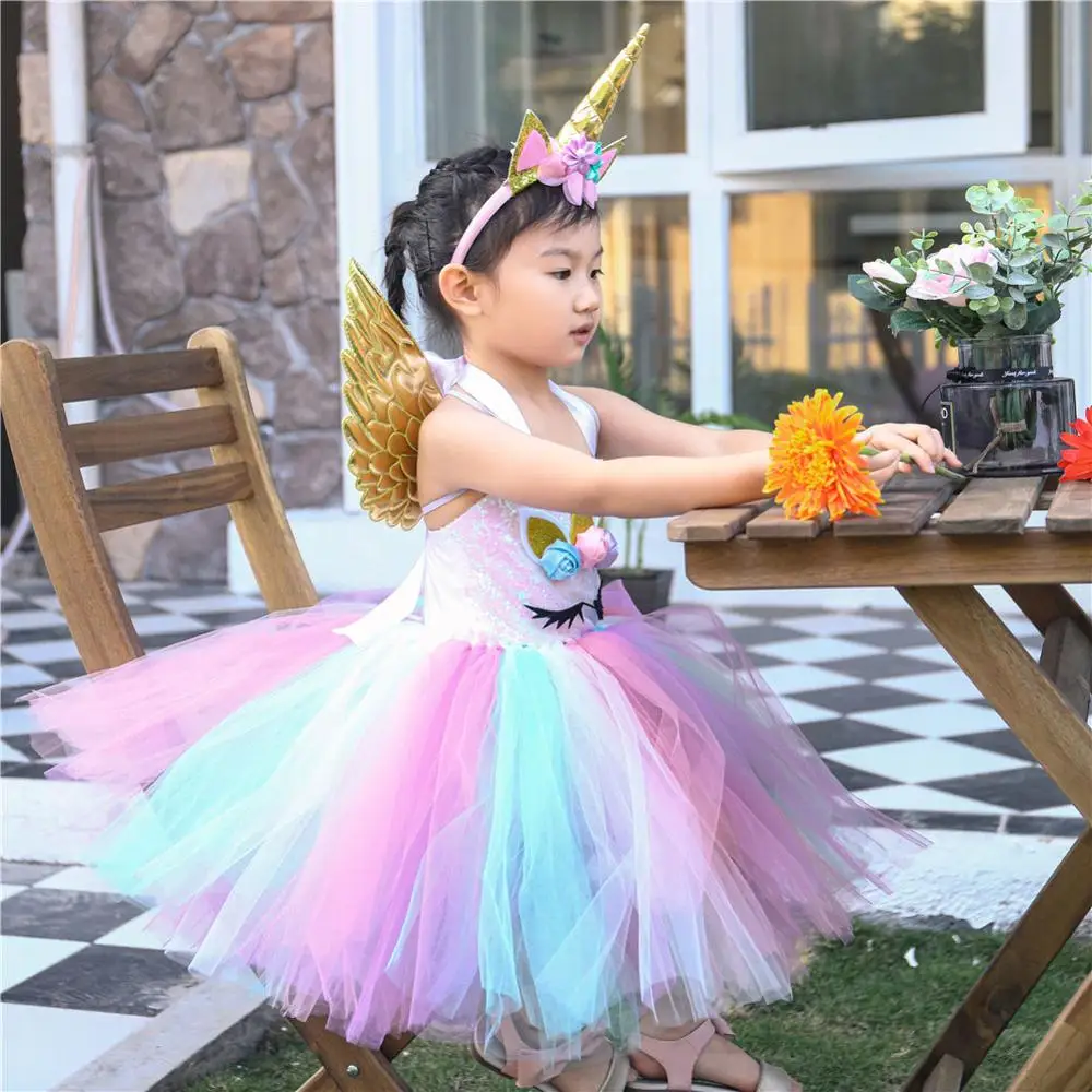 Kids Flower Sequins Tulle Unicorn Dress 