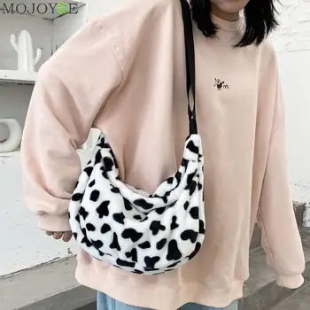 

Plush Cute Milk Cow Pattern Women Handbags Winter Cartoon Chest Shoulder Messenger Bag Tote Fluffy Phone Purse Christmas Gift