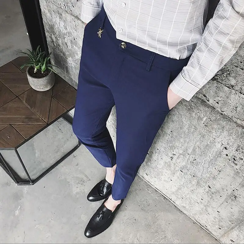 Navy Blue Хлопок мужской чистый цвет модный бутик Эластичный Тонкий деловой формальный костюм брюки/мужской свадебный костюм брюки - Цвет: Navy Blue