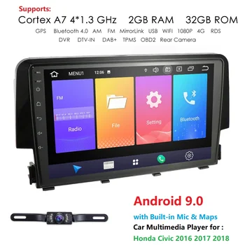 

Ossuret RDS Android 9.0 Car Navigation Radio Stereo Player for Honda Civic 2016 2018 2018 GPS 9'' 2 DIN WIFI 4G USB SWC DVR BT