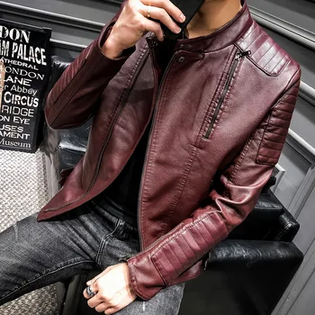 

BO new 2019 men's collar fur handsome young motorcycle leather fashion inclined zipper