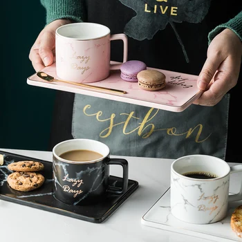 

Ceramic mug Gold Spoon Coffee Cup Dish Set Coffee Tea Milk Stave Cups Box Milk Tea Cup Dessert Tray Phnom Dish With Handle Gifts