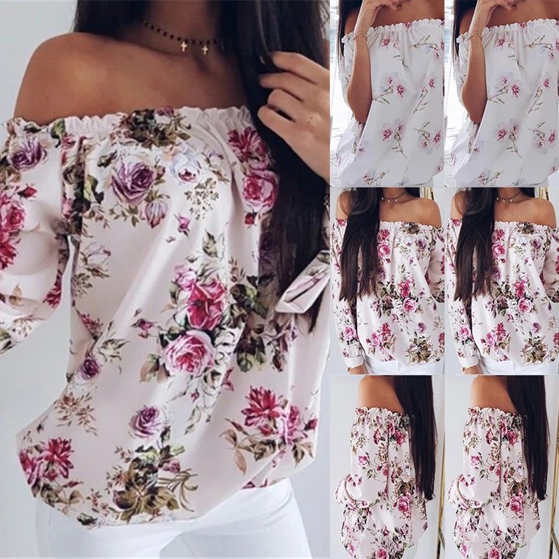 Spring Womens Floral Off Shoulder Tops New Ladies Sexy Large Size Pink White T-shirt Autumn Woman Floral 3/4 Sleeve T Shirts