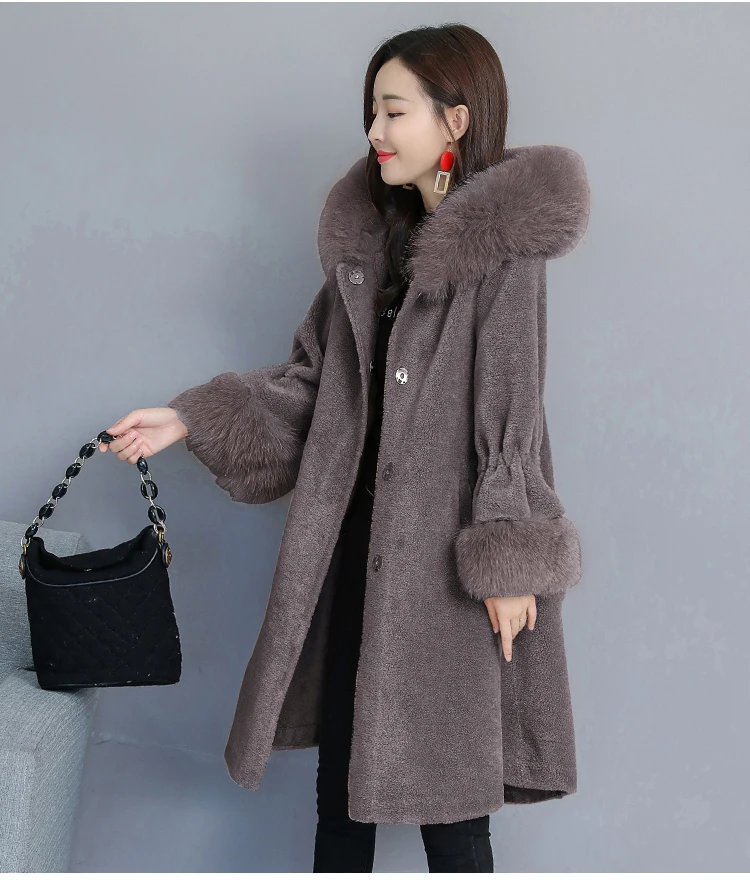 HANZANGL зимнее шерстяное пальто женское пальто из искусственного меха 9/10 рукав лисий мех с капюшоном теплая кашемировая куртка пальто плюс размер S-3XL - Цвет: 5
