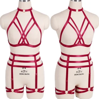 

Gothic Harness Bra Set Crop Top Breast Caged High Waist Garter Belts Elastic Adjust Strap Lingerie Red Sexy Body Halloween Dance
