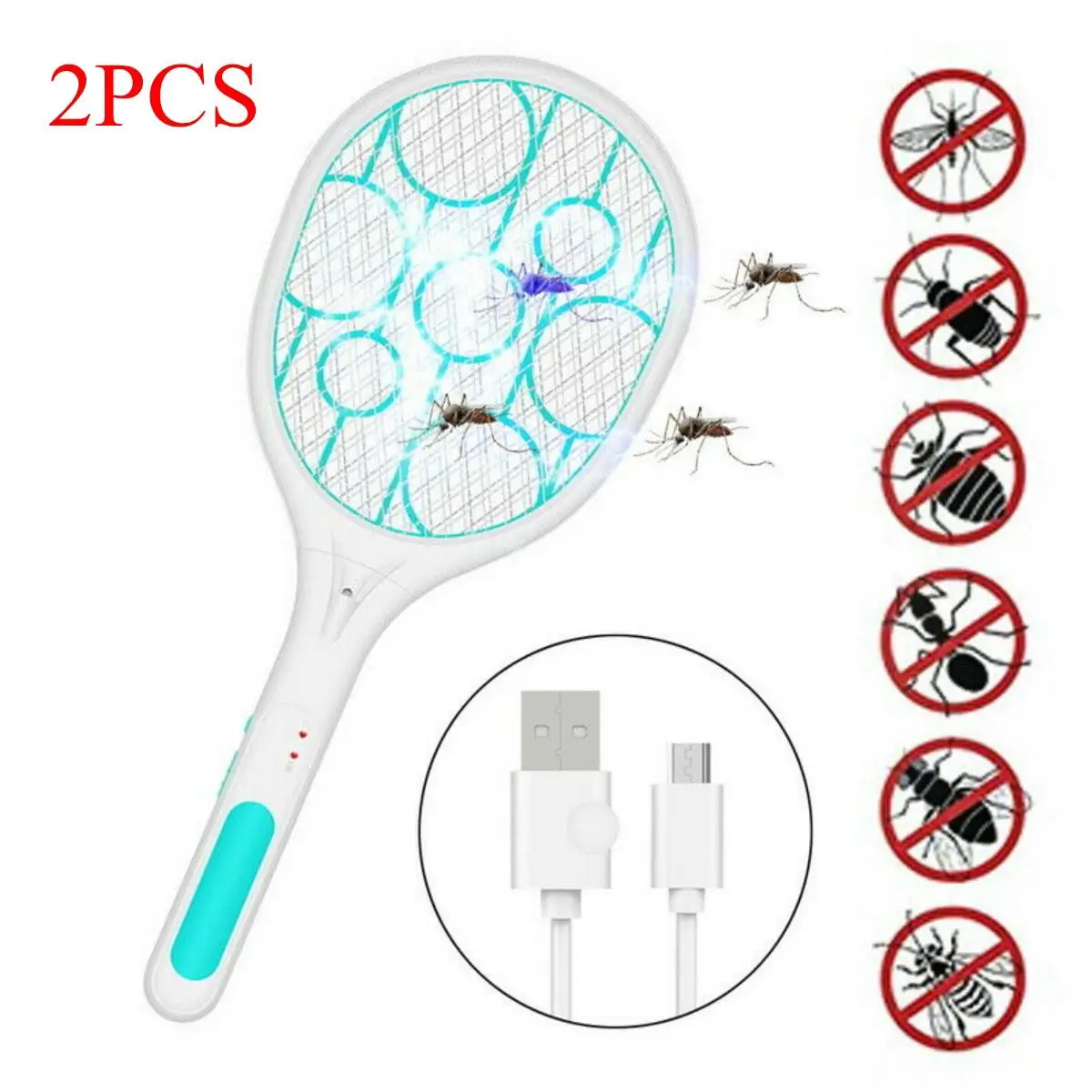 

2PCS Blue/Green Mosquito Swatter Killer USB Rechargeable Electric LED light Tennis Bat Handheld Racket Insect Fly Bug Wasp