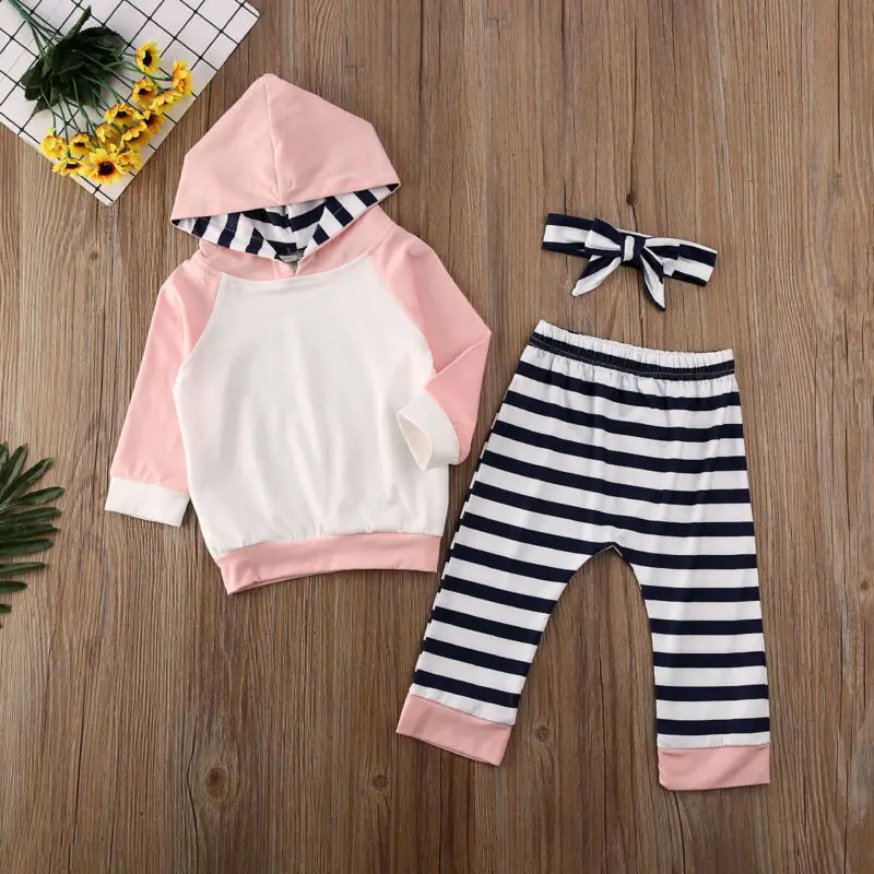  3-24Month Newborn Baby Girl Clothes Hoodies + Striped Pants Headband 3pcs Outfits Set