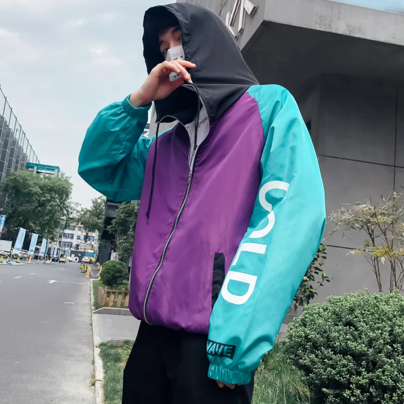 

Hip Hop Mens Hooded Patchwork jacket 2020 Harajuku Letter Printed Zipped Loose Track Jacket Men Korean Sport Male Coat