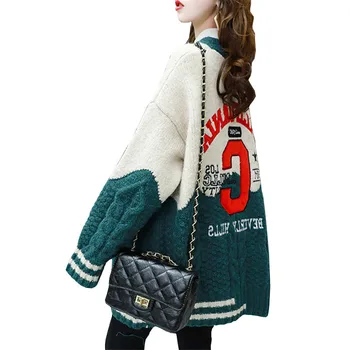 

Letters Embroidery Autumn Winter Knit Women's Cardigan 2020 New Oversized Loose Patchwork Sweater Female Cardigan Jacket OK459