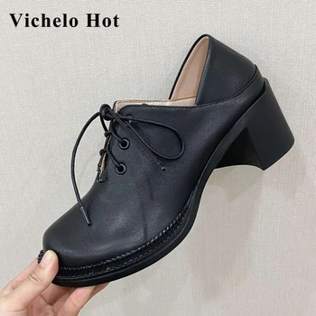 

Vichelo Hot classic colors genuine leather round toe high heels cross-tied young lady daily wear leisure basic women pumps L55
