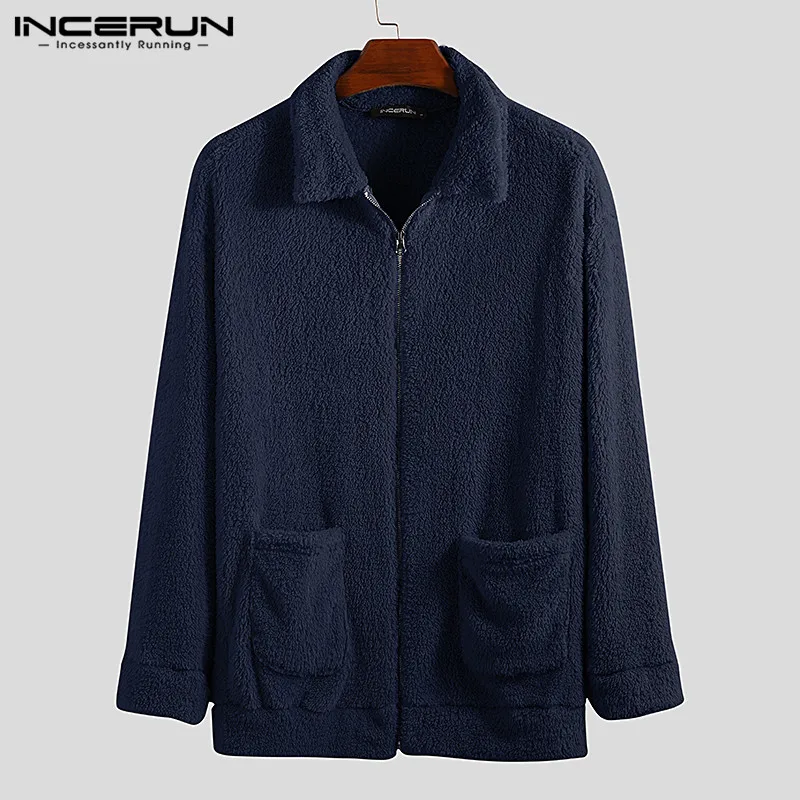 Blue Coats INCERUN, зимние мужские куртки с отворотом, длинный рукав, искусственный мех, овечья шерсть, карманы, пальто на молнии, верхняя одежда, пушистые Модные мужские пальто - Цвет: Blue Coats