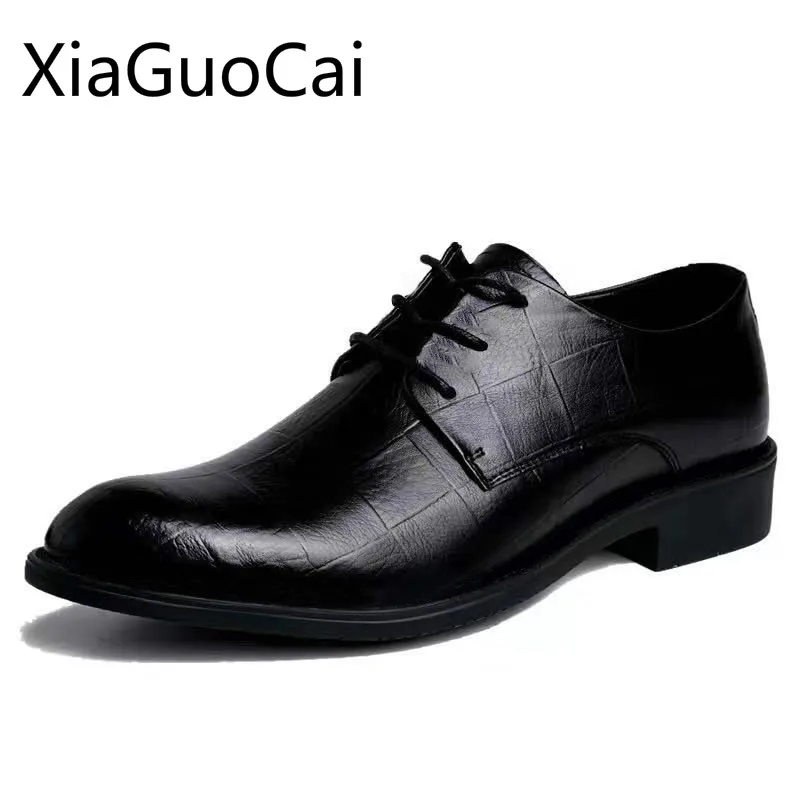 

Genuine Leather Men's Dress Shoes Basic Solid Lace Up Pointed Toe Mens Business Flat Shoes England Style Mens Flat Shoes
