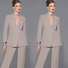 Two-Piece Mother Of Bride Pant Suits Deep V Neck Wedding Mother's Groom Dress Long Sleeves Wedding Guest robe de soirée femme