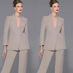 Two-Piece Mother Of Bride Pant Suits Deep V Neck Wedding Mother's Groom Dress Long Sleeves Wedding Guest robe de soirée femme