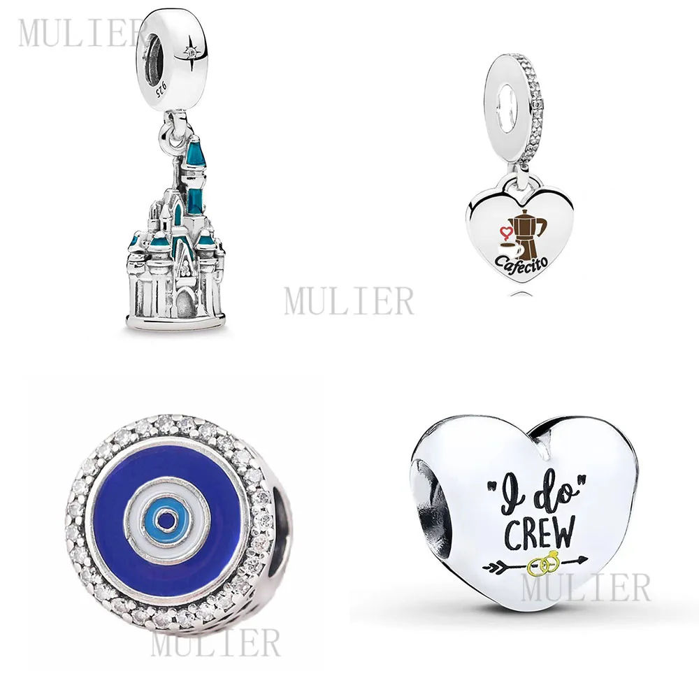 

MULIER 2019 New S925 Sterling Silver Cafecito Pendant Crew Charm Double-sided Castle Beaded DIY Bracelet Original Ladies Jewelry