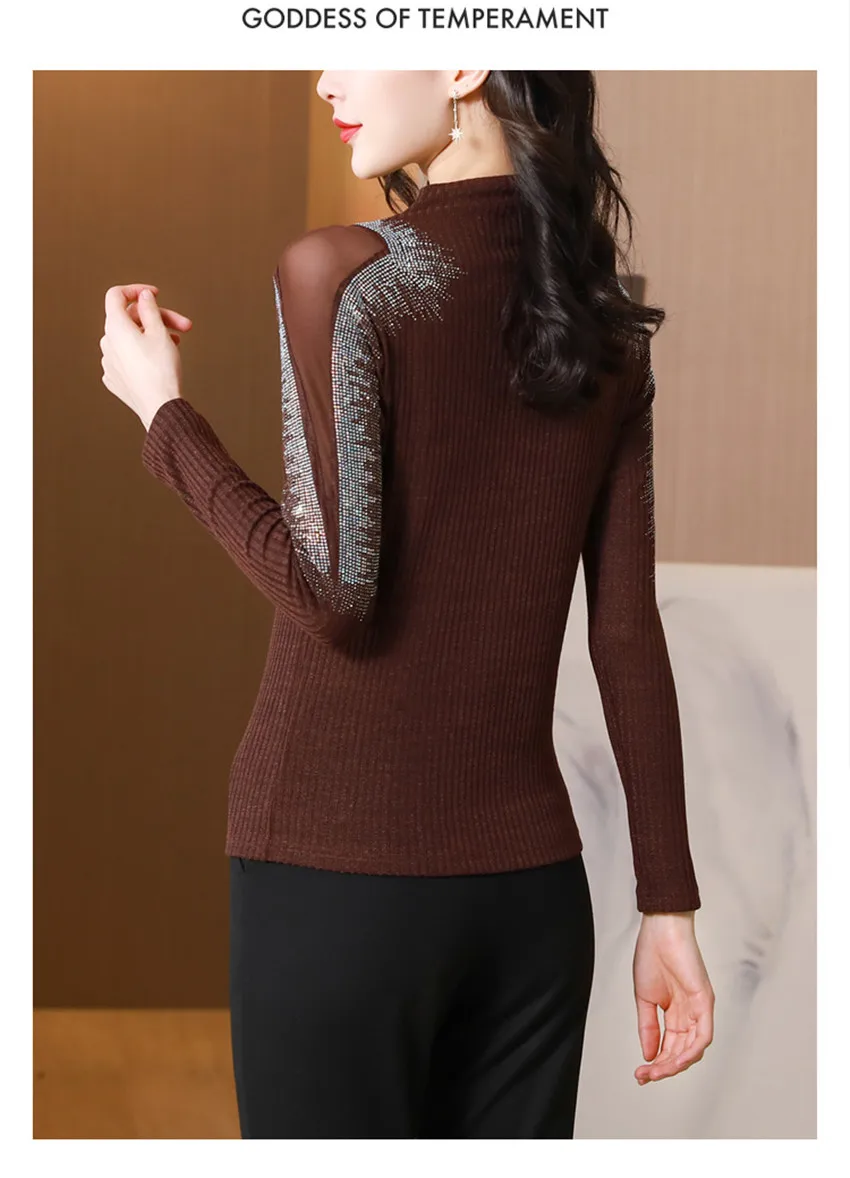 cropped cardigan Korean Fashion Diamond Hot Drill High Neck Pullover Tops Autumn Winter Knitted Sweater Women Slim Undershirt Knitwear Pull Femme Sweaters