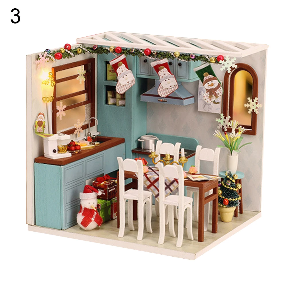 3D Wooden Miniature Doll House Furniture DIY Assembly Model with Cover Kids Toy