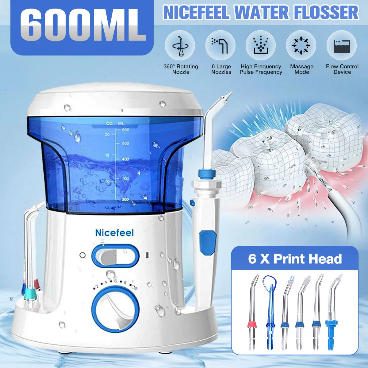 Nicefeel 600ml Water Dental Flosser Electric Oral Irrigator Care Toothbrush SPA with 7pcs Tips White | Бытовая техника
