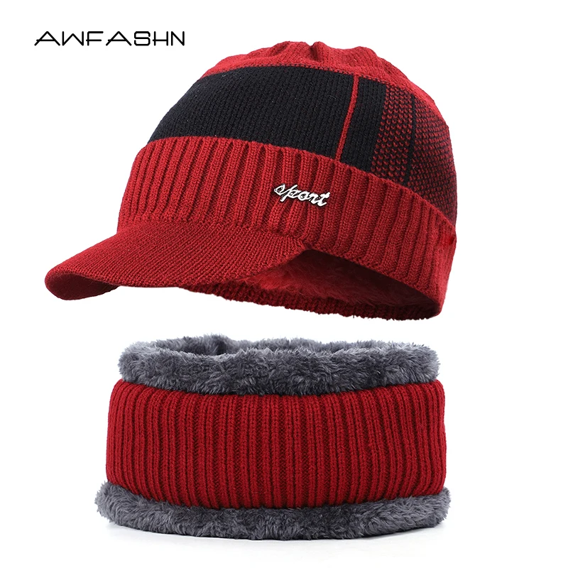 

2019 New Men's High Quality Winter Knit Beanie Scarf 2 Pieces Set Women Men Plus Velvet Padded Casual Hat Scarves Balaclava Cap
