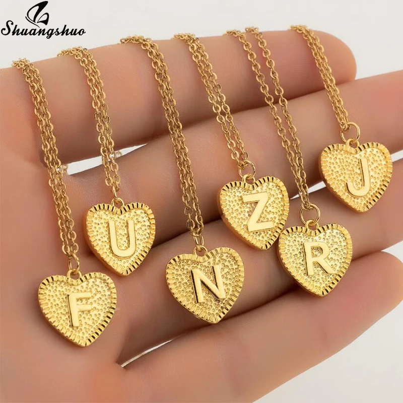 Fashion Tiny Heart Initial Necklace Gold Color Cut Letters Single Name Choker Necklace For Women Pendant Jewelry Collars Gift