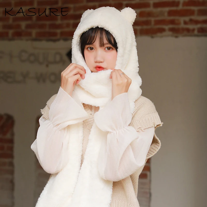 

Kasure 2020 Winter Women Hat Scarf With Bear Ears Thermal Hooded Earflap Cap Cute 3 in 1 Solid Fleece Casual Plush Animal Ears