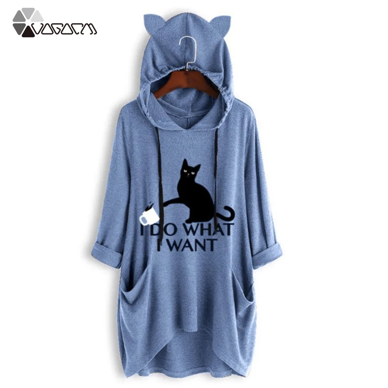 

Women Casual Clothing Cartoon Hoodies Print Cat Hooded Long Sleeve Roll Up Sleeve Cute Pockets Irregular Pullover Femme Loose