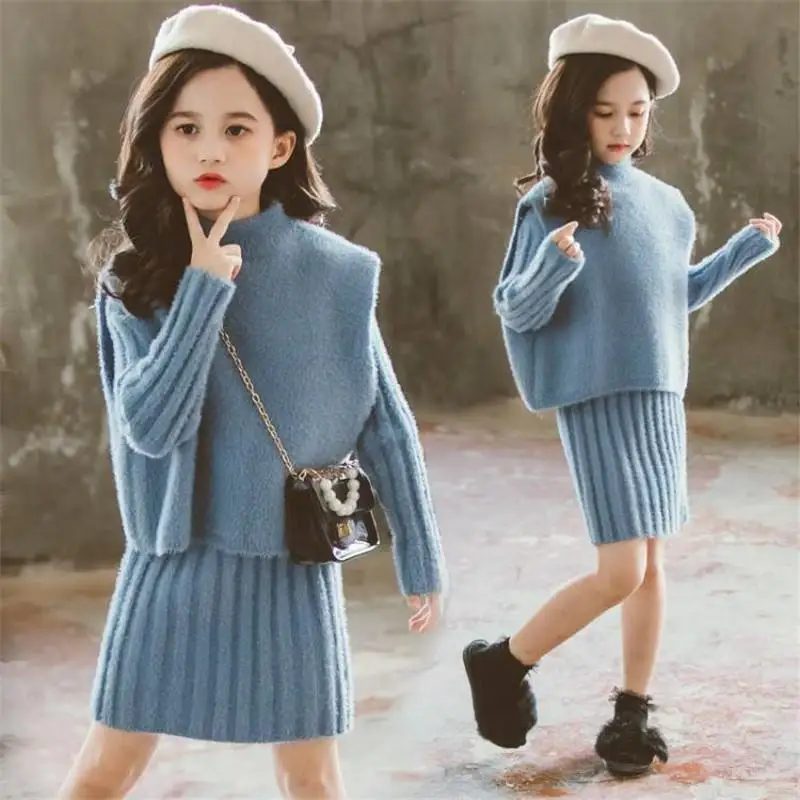 

2019 New Autumn Winter Kids Girls Faux Mink Fur Korean Suit Children Girls Sweater Vest Outerwear + Knitted Skirt Sets 2Pcs NO11