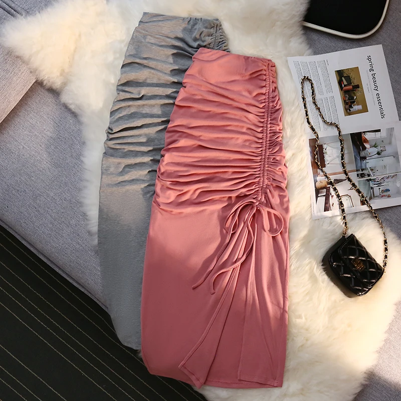 

High Waist Pleated Skirts Women Lace Up Vintage Sheath Skirt Solid Spring Autumn Long Midi Skirt Knitted Bodycorn Sexy Slim M281