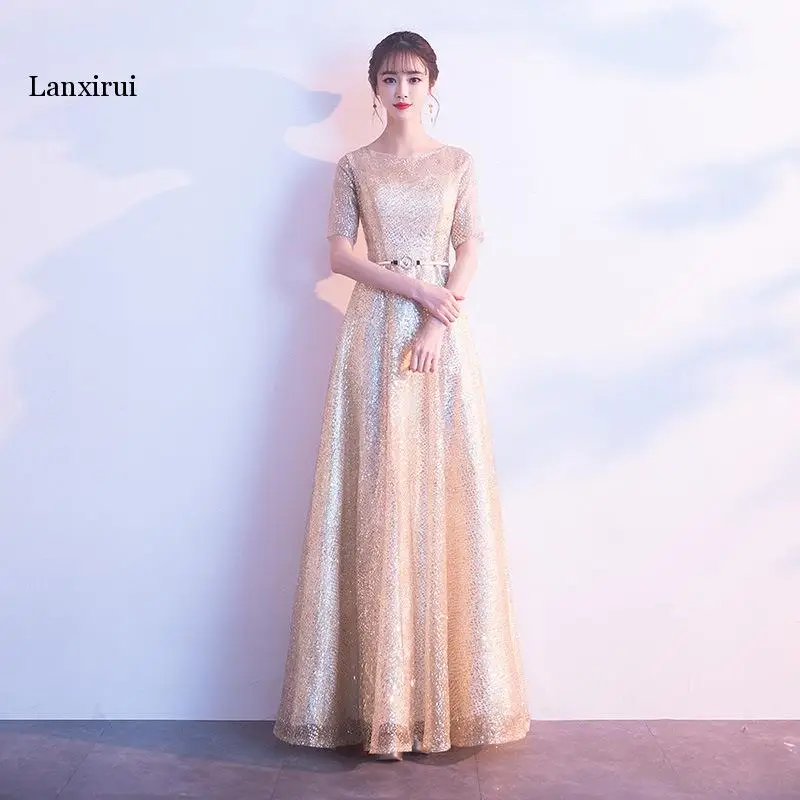 Women's Vintage O Neck Half Sleeve Diamond Pieces Long Evening Party Dress Elegant Swing Chorus Maxi Formal Dresses