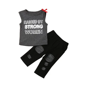 

chifuna New Summer Letter Vest+Hole Pants 2pc Sets Kids Outfits Toddler Girl Clothes Toddler Girl Outfits Babygirl Clothes