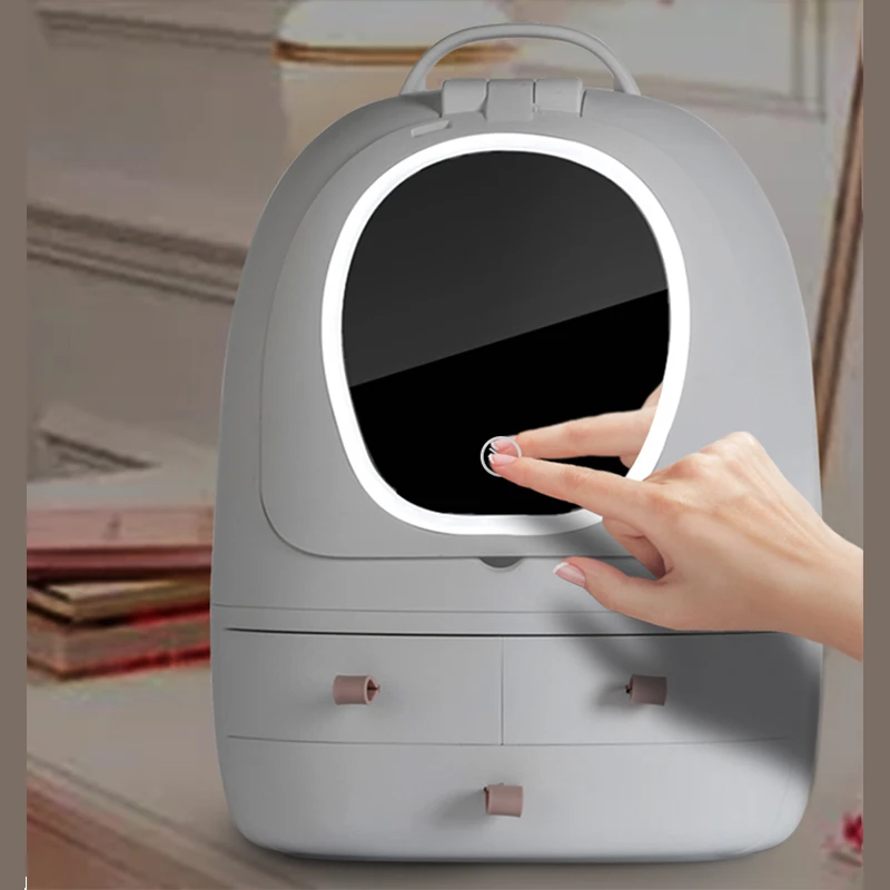

Cosmetics storage box LED Light Vanity Mirror makeup organizer dustproof drawer desktop finishing box portable USB makeup case