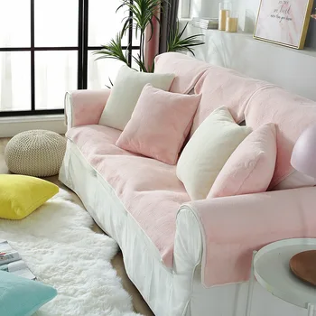 

2020 Hot style sofa cover household winter extra thick warm rabbit plush cushion non-slip pink Solid Yellow White Blue