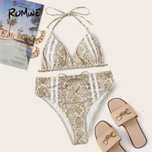 Romwe Sporty Snakeskin Halter Bikini Top With High Waist Bikini Set Women Beach Summer Bathing Suit Ladies Sexy Swimsuit
