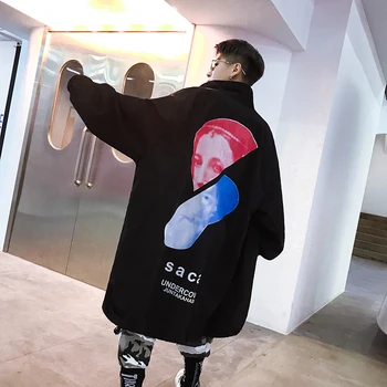 

2019 Easy Loose Coat Tide streetwear clothes windbreaker hip hop Long Thin Section Sunscreen Serve Printing Hip-hop