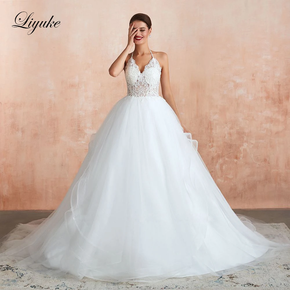 Liyuke Halter Neckline Of Princess A Line Wedding Dress Backless Sexy Puffy Bride Dress